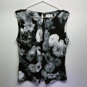 WOMEN'S CALVIN KLEIN BLACK, GRAY, WHITE FLORAL SHORT SLEEVE SHIRT  - SIZE LARGE
